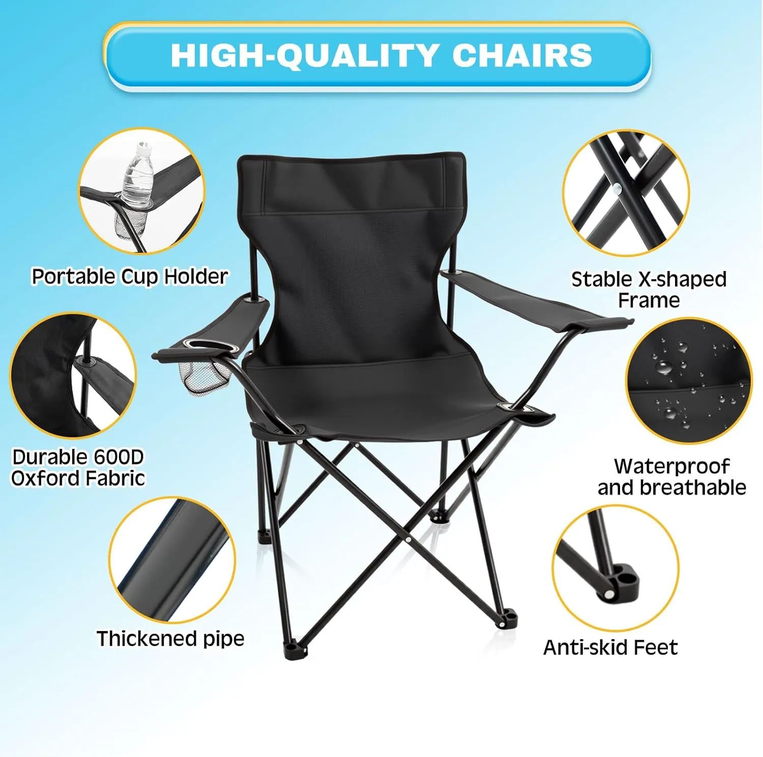 4 Pcs Foldable Camping Chair with Umbrella Set of 2 Camp Chairs for Adults Folding Picnic Seat Foldable Lawn Seat for Outdoors Fishing Hiking Travel Picnic Beach Patio (Black and Blue)