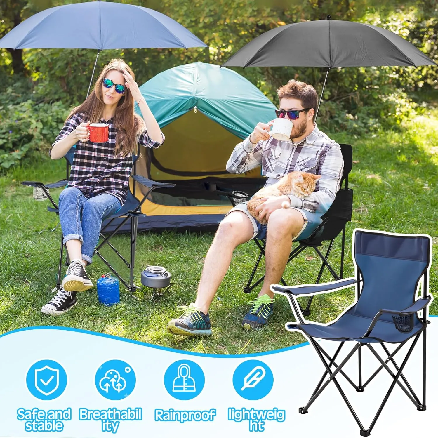 4 Pcs Foldable Camping Chair with Umbrella Set of 2 Camp Chairs for Adults Folding Picnic Seat Foldable Lawn Seat for Outdoors Fishing Hiking Travel Picnic Beach Patio (Black and Blue)