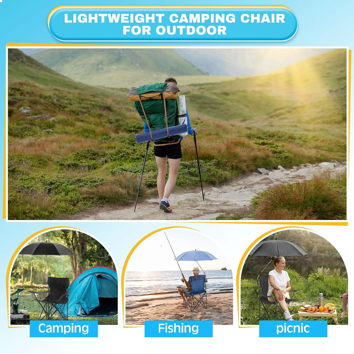4 Pcs Foldable Camping Chair with Umbrella Set of 2 Camp Chairs for Adults Folding Picnic Seat Foldable Lawn Seat for Outdoors Fishing Hiking Travel Picnic Beach Patio (Black and Blue)