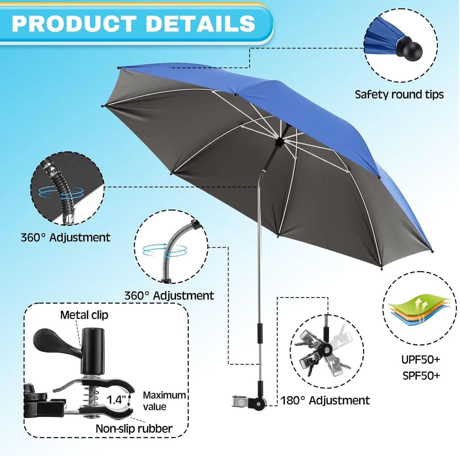 4 Pcs Foldable Camping Chair with Umbrella Set of 2 Camp Chairs for Adults Folding Picnic Seat Foldable Lawn Seat for Outdoors Fishing Hiking Travel Picnic Beach Patio (Black and Blue)