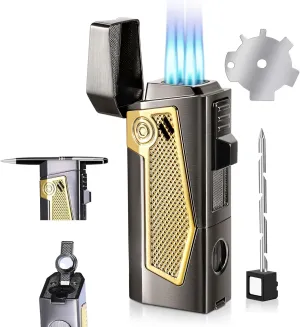 4 Torch Jet Flame Lighter with Punch & Holder - Refillable Butane Windproof Torch Lighter - Multi-Functional Lighter Accessory,Premium Gift for Men（Without Butane）