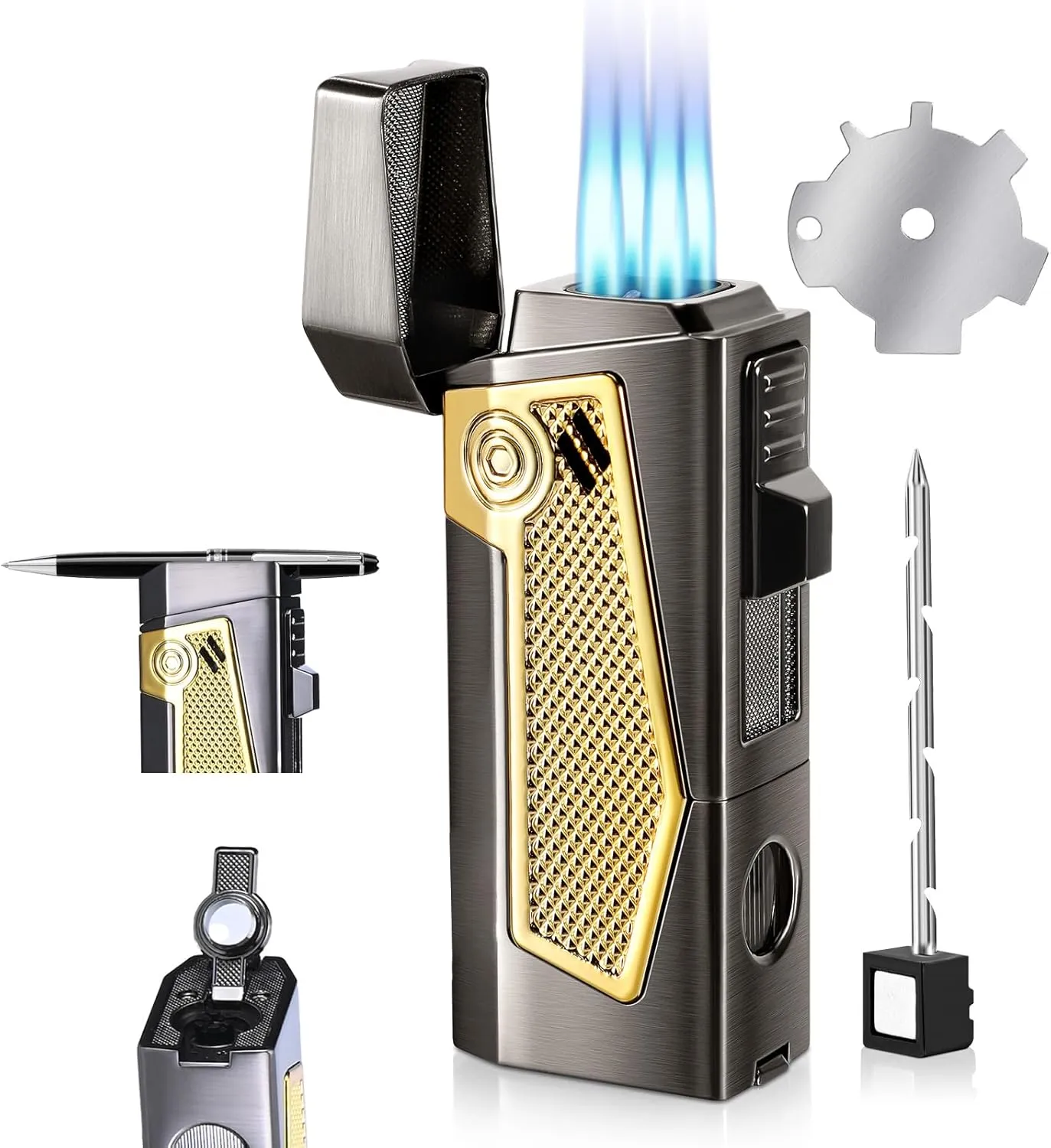 4 Torch Jet Flame Lighter with Punch & Holder - Refillable Butane Windproof Torch Lighter - Multi-Functional Lighter Accessory,Premium Gift for Men（Without Butane）