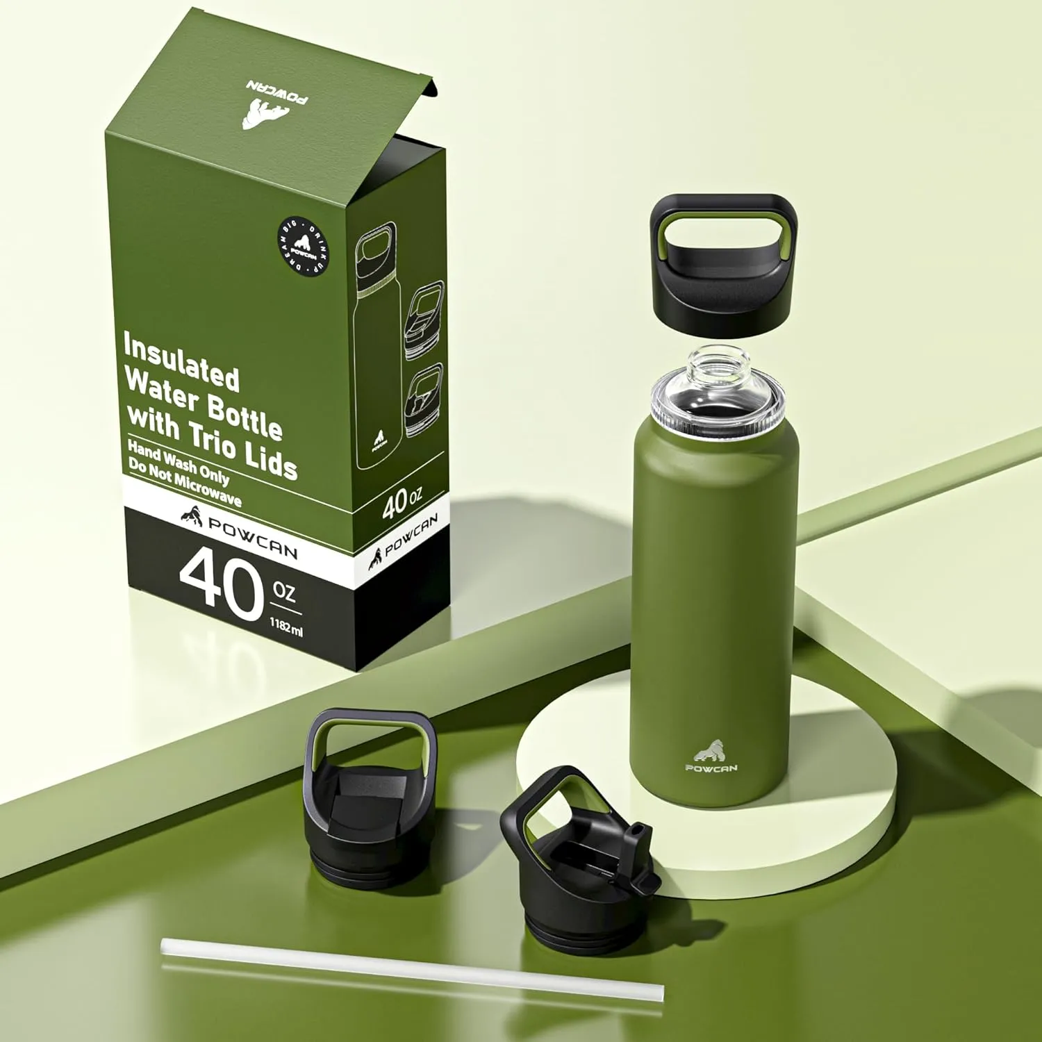 40 oz Insulated Water Bottle for Camping: 3 Lids, Leakproof, Keep Ice 24H and Hot 12H, Double Wall, Large Metal Water Flask with Handle for Gym, Hiking, Climbing, Workout, Travel (Forest Green)
