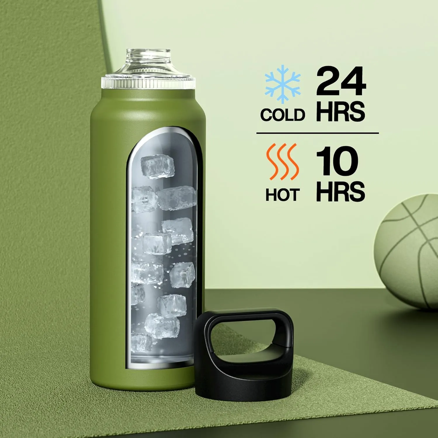 40 oz Insulated Water Bottle for Camping: 3 Lids, Leakproof, Keep Ice 24H and Hot 12H, Double Wall, Large Metal Water Flask with Handle for Gym, Hiking, Climbing, Workout, Travel (Forest Green)