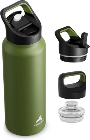 40 oz Insulated Water Bottle for Camping: 3 Lids, Leakproof, Keep Ice 24H and Hot 12H, Double Wall, Large Metal Water Flask with Handle for Gym, Hiking, Climbing, Workout, Travel (Forest Green)