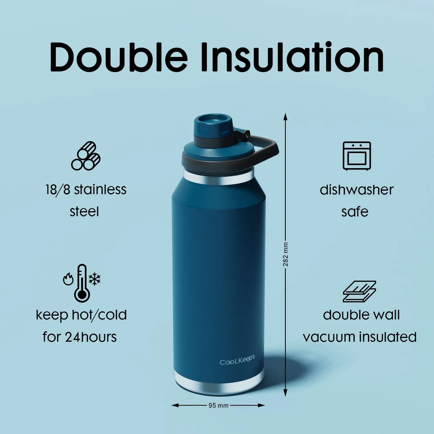 40 oz Insulated Water Bottle, Sports Stainless Steel Water Bottle with Handle Lid Outdoor Wide Mouth Metal Flask (Blue)