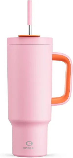 40 oz Tumbler with Handle and Straw, 100% Leakproof Insulated Tumbler with Lid and Straw, Stainless Steel Travel Mug, Keeps Cold for 34 Hours, Car Cup Holder Friendly (Blush)
