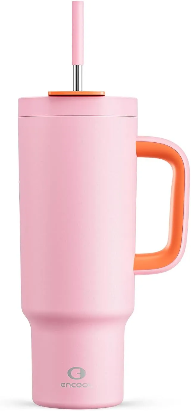 40 oz Tumbler with Handle and Straw, 100% Leakproof Insulated Tumbler with Lid and Straw, Stainless Steel Travel Mug, Keeps Cold for 34 Hours, Car Cup Holder Friendly (Blush)