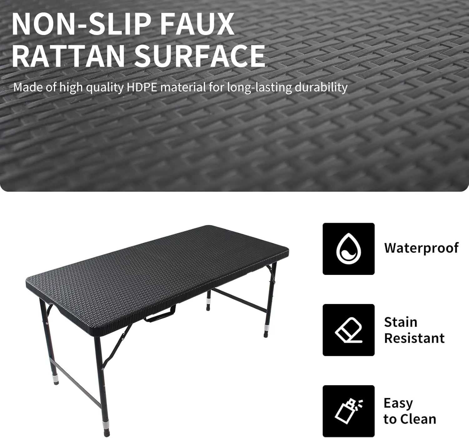 4FT Folding Table with Rattan Tabletop, Portable Lightweight Camping Table with Carry Handle, Collapsible Rectangle Table for Picnic, BBQ, Patio Black