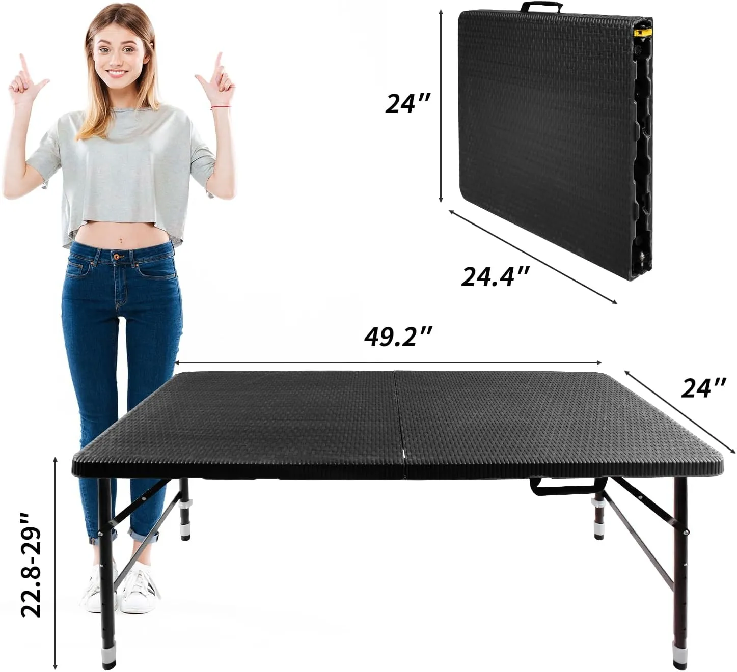 4FT Folding Table with Rattan Tabletop, Portable Lightweight Camping Table with Carry Handle, Collapsible Rectangle Table for Picnic, BBQ, Patio Black