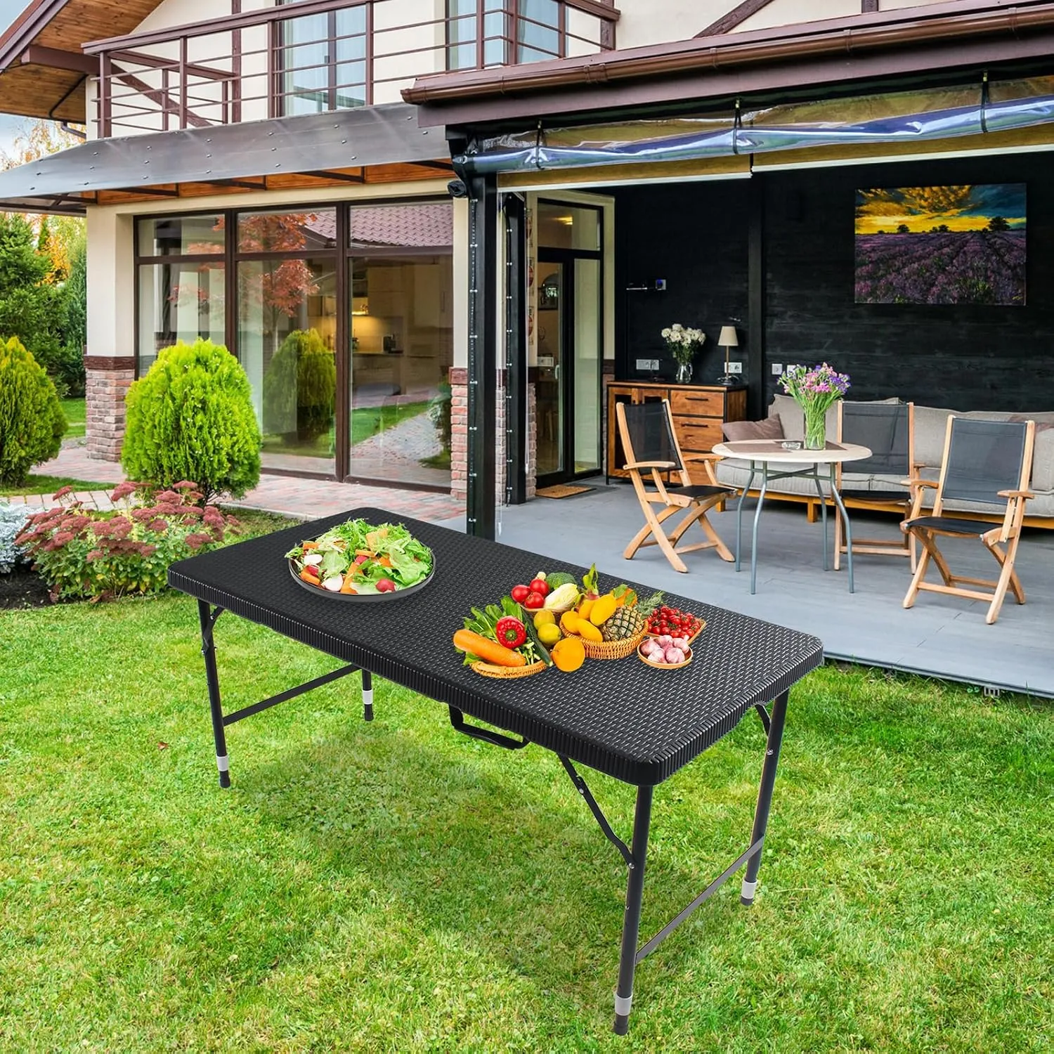 4FT Folding Table with Rattan Tabletop, Portable Lightweight Camping Table with Carry Handle, Collapsible Rectangle Table for Picnic, BBQ, Patio Black