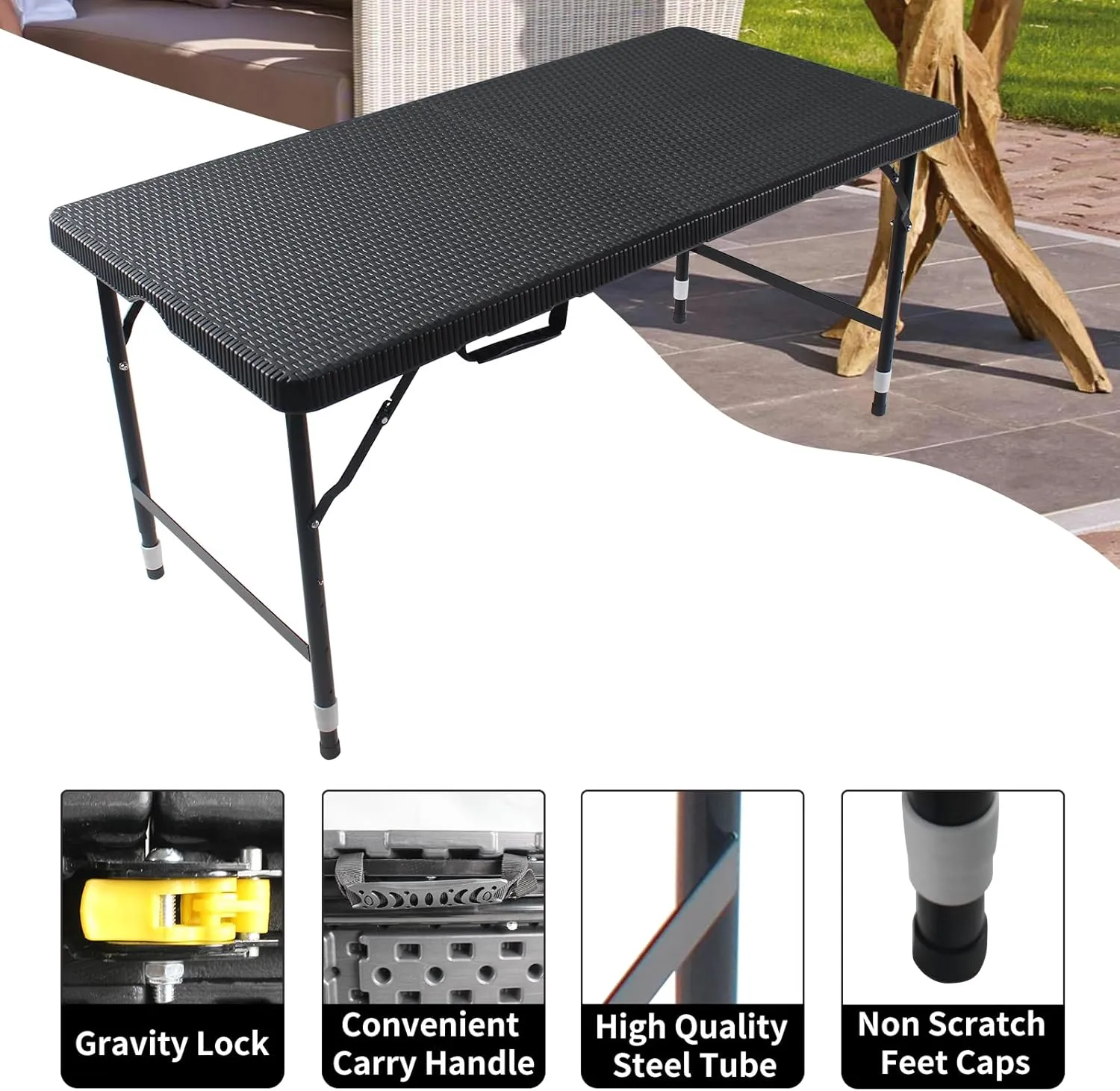 4FT Folding Table with Rattan Tabletop, Portable Lightweight Camping Table with Carry Handle, Collapsible Rectangle Table for Picnic, BBQ, Patio Black