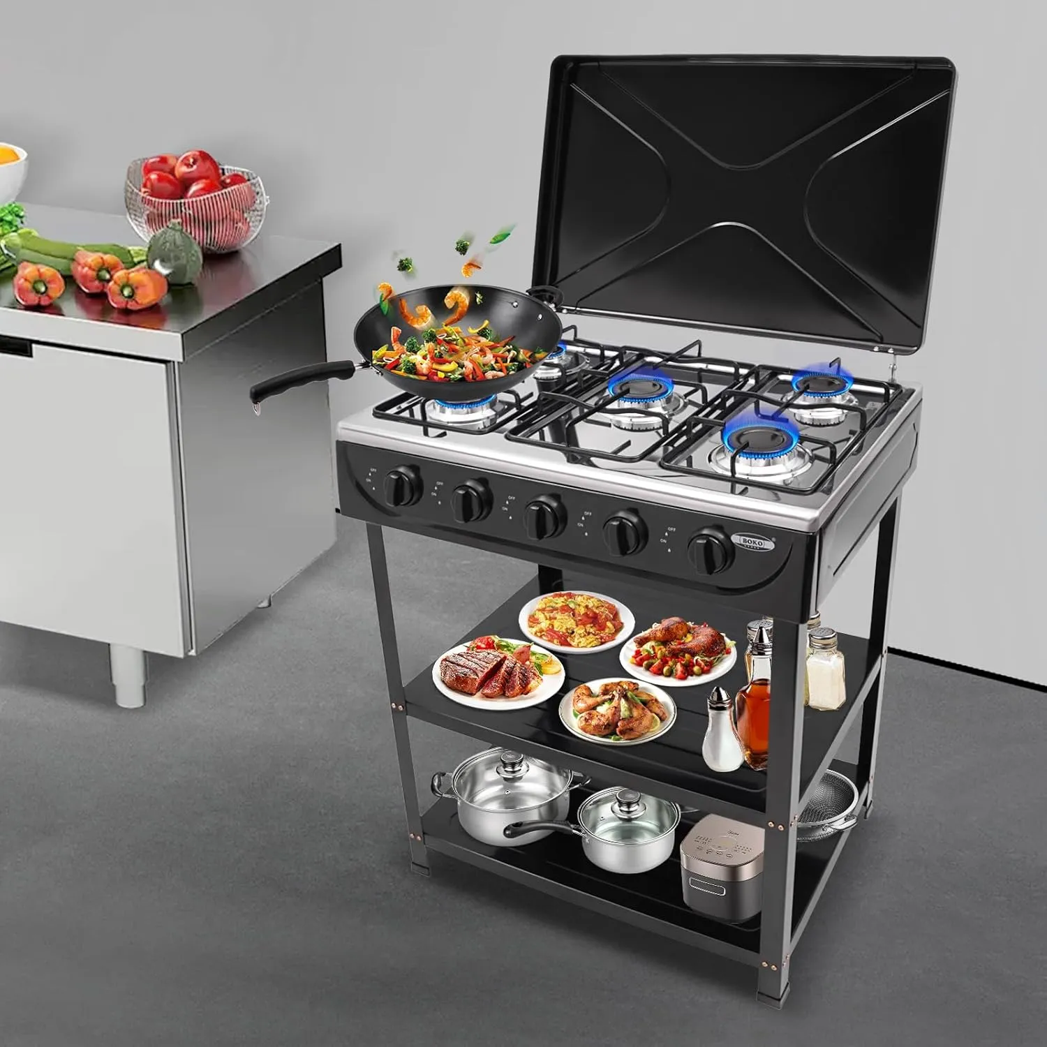 5 Burner Natural Gas Stove 2.5KW Portable Gas Stove with 5 Control Knobs, Natural Gas Burner Outdoor Camping Gas Stove Outdoor Camping BBQ Stove for RV Apartment Outdoor Cooking (Black)