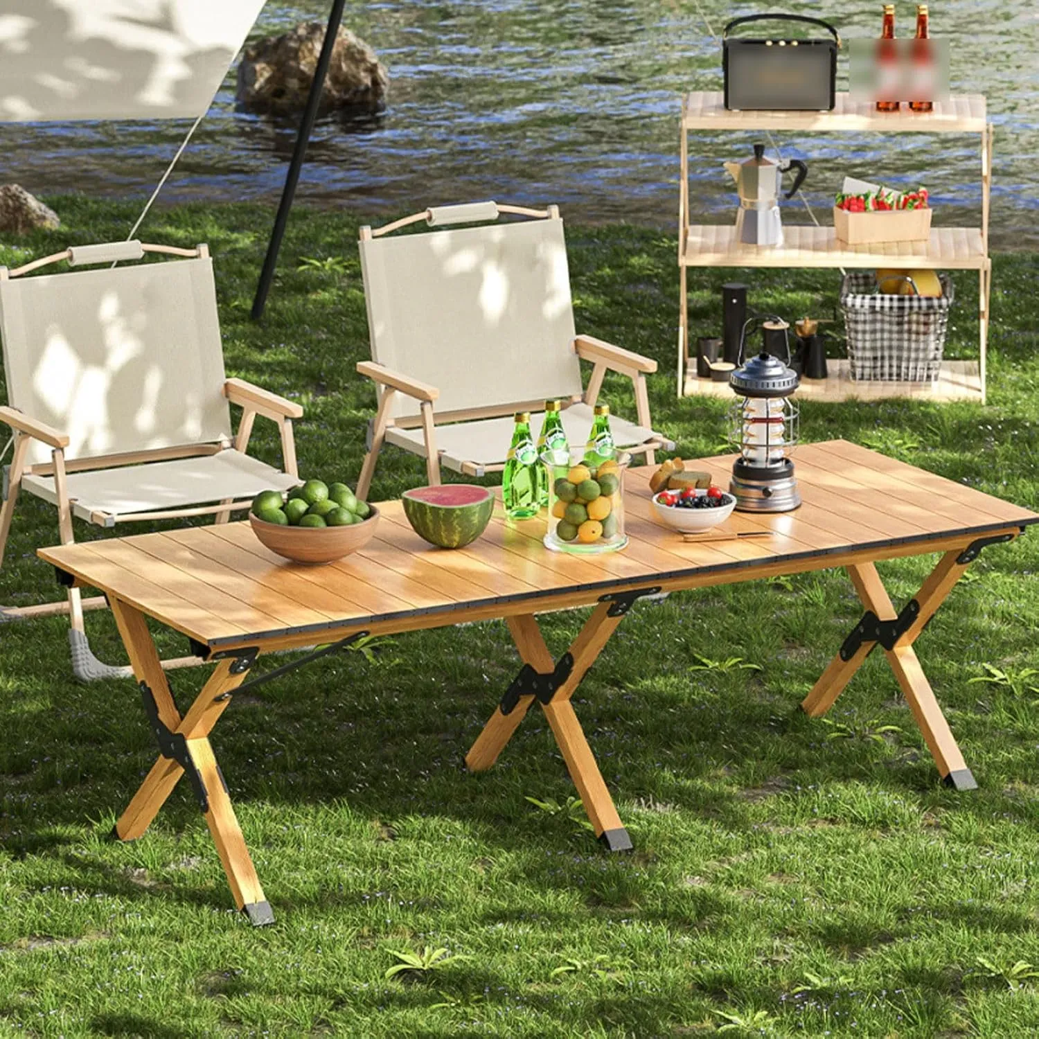 5-PCS Folding Camping Table airs Portable Outdoor Lawn airs and Aluminum Roll-up Table with Carrying Bag, Lightweight Picnic Table and airs for Patio Garden BBQ