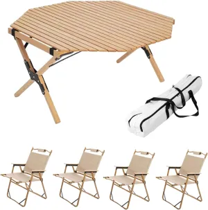 5 Pcs Folding Camping Table & Chairs Set, Portable Lightweight Picnic with Carrying Bag and B Roll-up Top