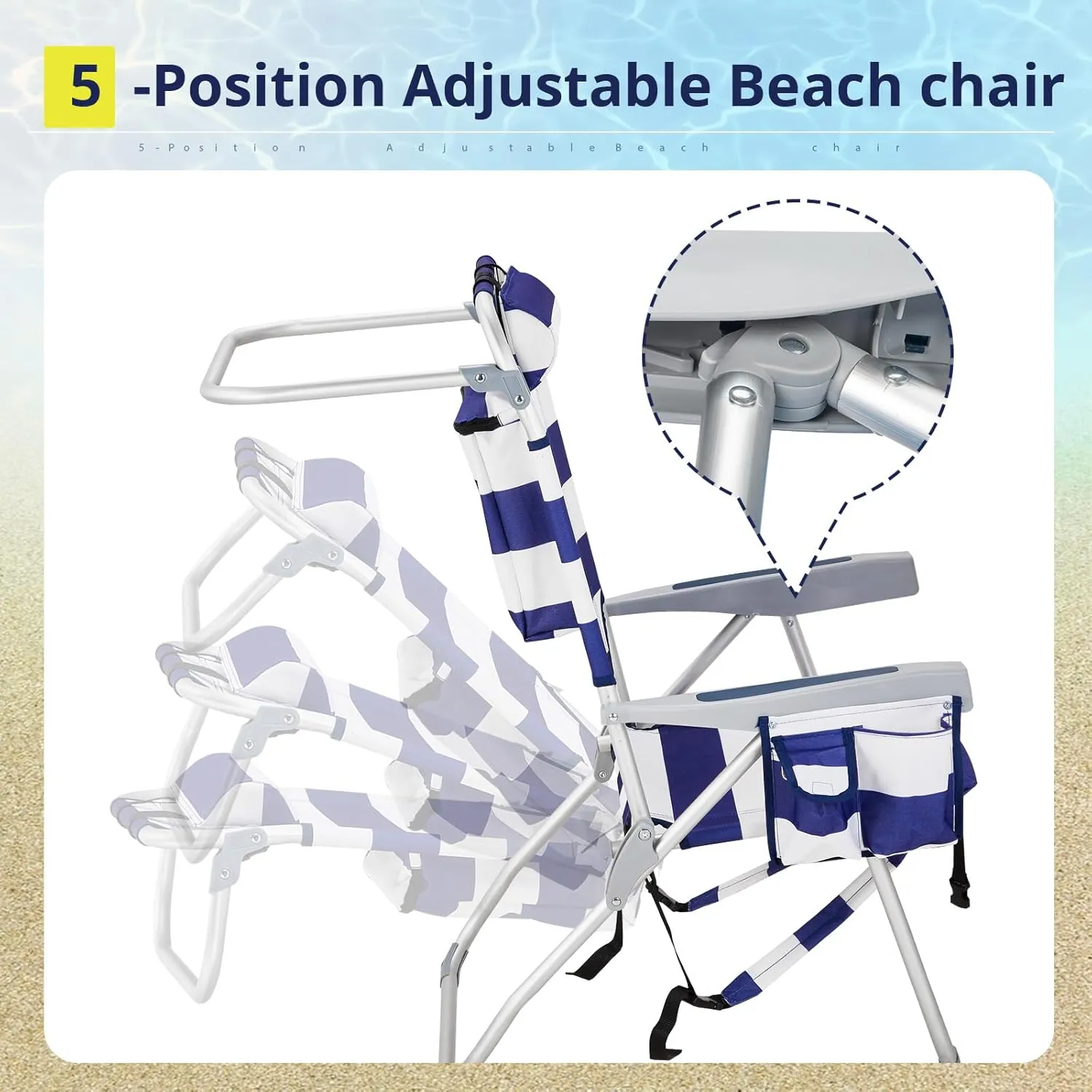 5 Position Beach Chair Portable Camping Chair, Folding Backpack Beach Chair Folding Beach Chair Foldable Camping Chair Backpack Chair for Beach Lawn Concert