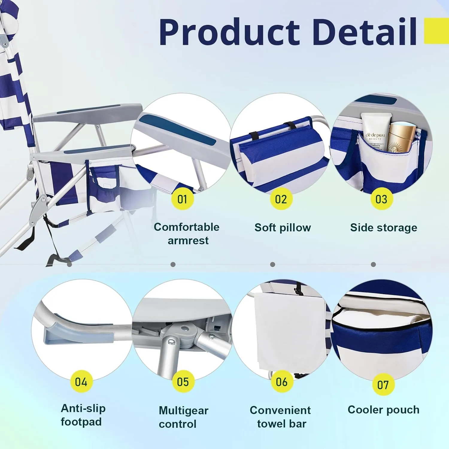 5 Position Beach Chair Portable Camping Chair, Folding Backpack Beach Chair Folding Beach Chair Foldable Camping Chair Backpack Chair for Beach Lawn Concert