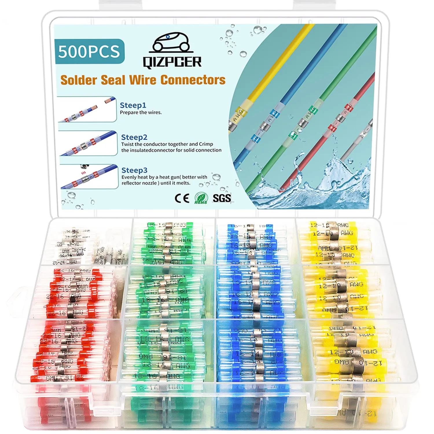 500Pcs Solder Seal Wire Connectors Kit, Heat Shrink Wire Connectors Waterproof Electrical Cable Butt Terminals for Marine Automotive Trailer RV Boat Truck Wiring
