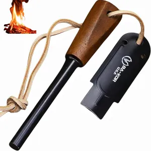 5.9in Iron Rod Fire Classic Kit - 25,000  Strike, 5500°F Spark, Waterproof Flint Steel with Wooden Handle and Sheath for Camping, Hiking, and Survival
