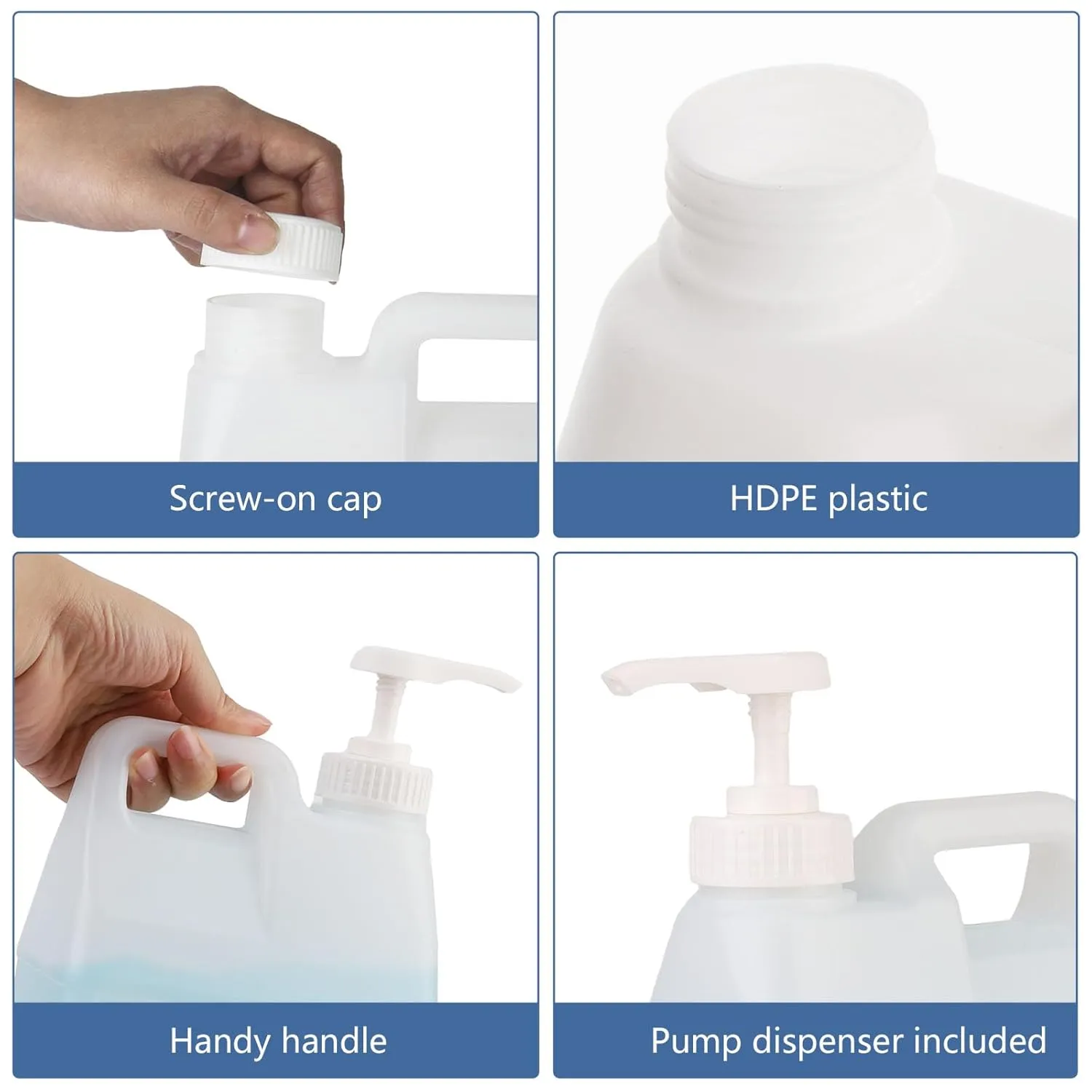 6 Pack 64 oz Clear Plastic Jugs with Pumps, Camping Water Jug Storage Containers with Ergonomic Handle, HDPE Containers Soaps (0.5 Gallon With Pump)
