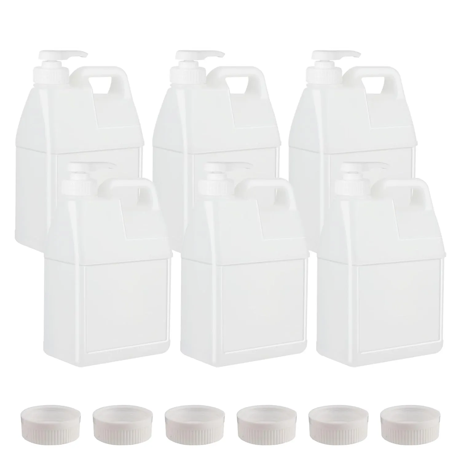 6 Pack 64 oz Clear Plastic Jugs with Pumps, Camping Water Jug Storage Containers with Ergonomic Handle, HDPE Containers Soaps (0.5 Gallon With Pump)