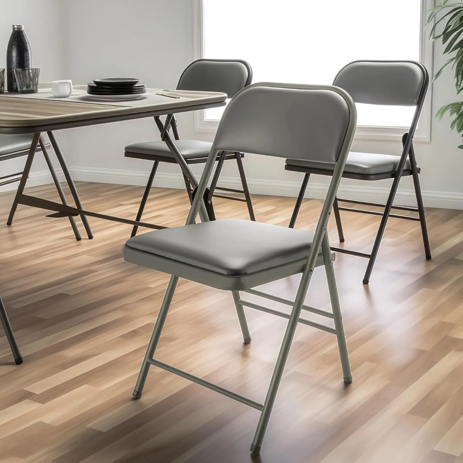 6 Pack Grey Folding Chairs with PU Padded Cushion, Padded Dining Chair Set Portable Indoor Outdoor Stackable Folding Chair with Steel Frame for Home Office Events Wedding Party