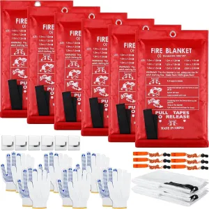 6 Sets Emergency Fire Blanket for Home Fire Suppression Thermal Blankets with Emergency Whistles, Hooks and Gloves for Kitchen, Fireplace, Car, Office, 39.3" x 39.3"