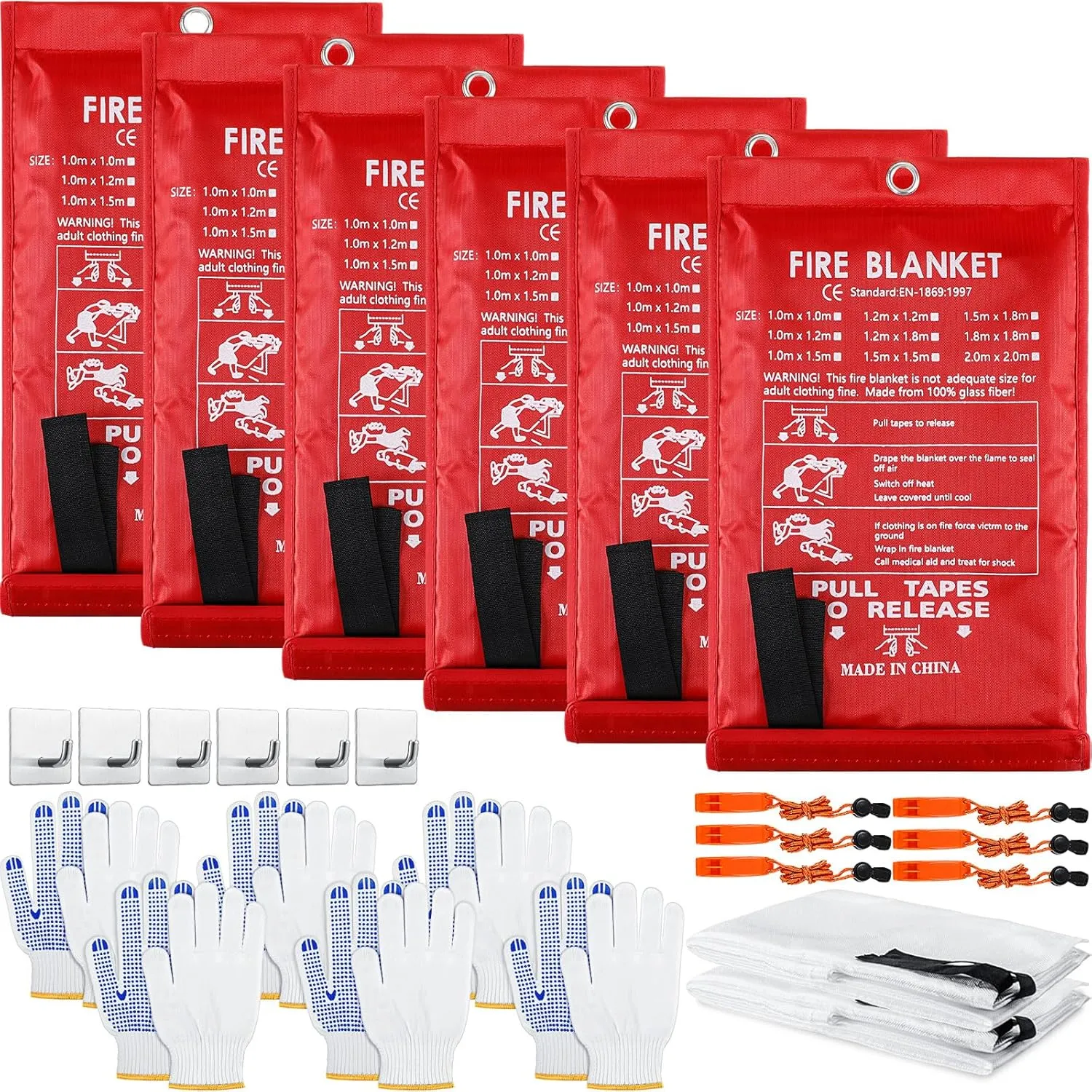 6 Sets Emergency Fire Blanket for Home Fire Suppression Thermal Blankets with Emergency Whistles, Hooks and Gloves for Kitchen, Fireplace, Car, Office, 39.3" x 39.3"