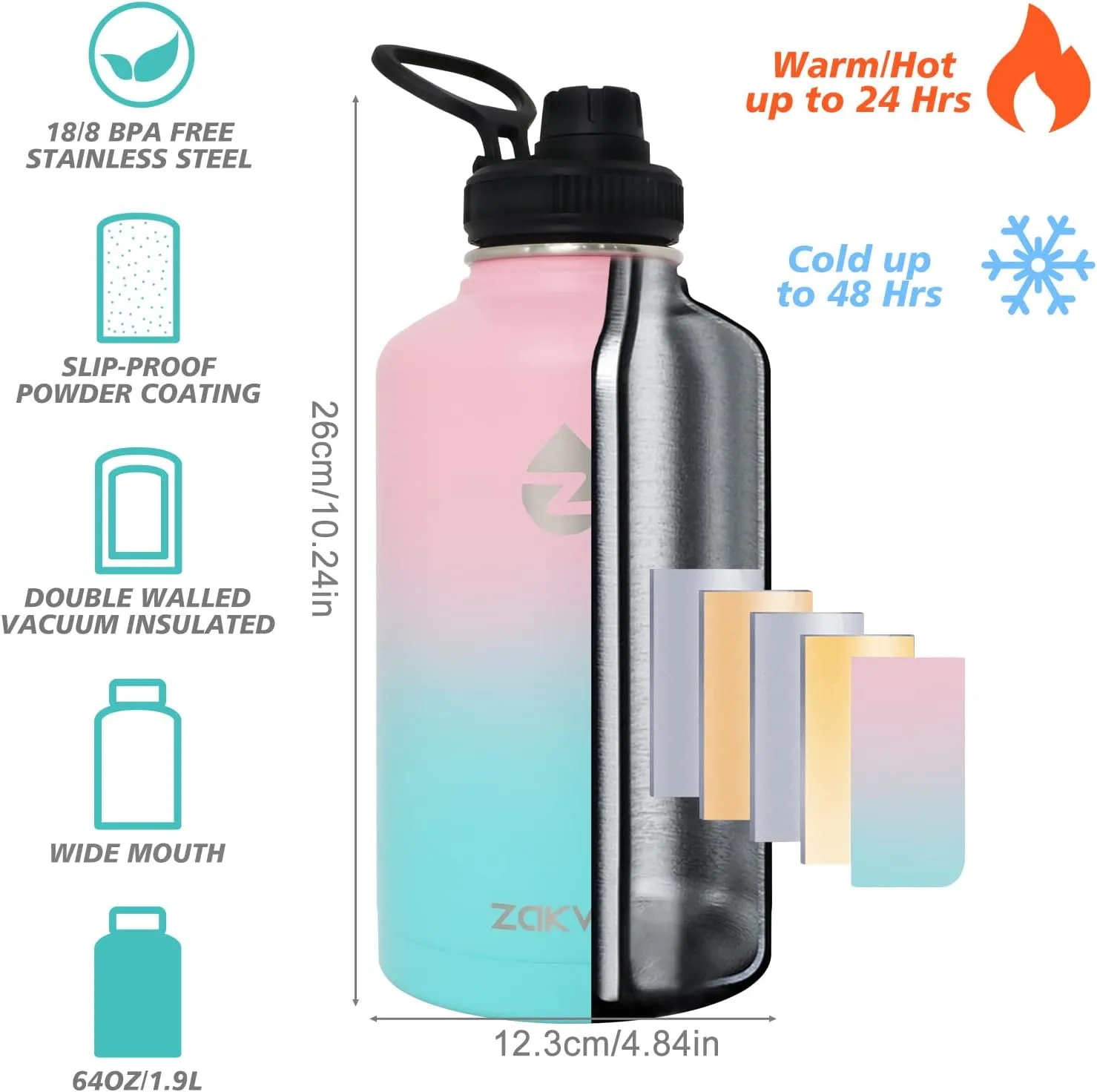 64 oz Insulated Water Bottle with Straws&3 Lids, Half Gallon Water Bottle Stainless Steel Double Walled, Big Water Jug with Paracord Handle, Large Metal Water Bottle for Gym
