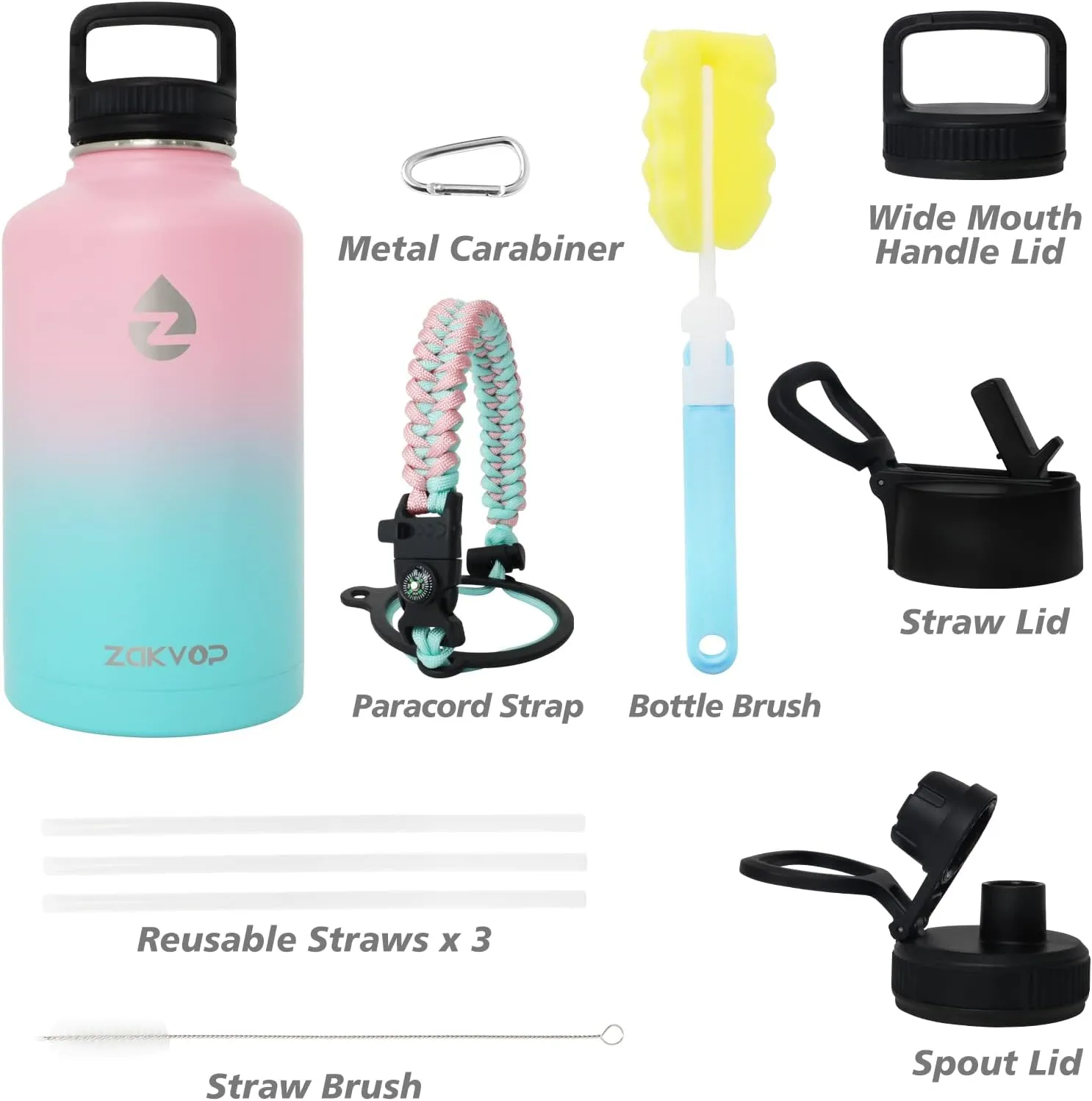 64 oz Insulated Water Bottle with Straws&3 Lids, Half Gallon Water Bottle Stainless Steel Double Walled, Big Water Jug with Paracord Handle, Large Metal Water Bottle for Gym