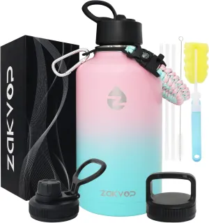64 oz Insulated Water Bottle with Straws&3 Lids, Half Gallon Water Bottle Stainless Steel Double Walled, Big Water Jug with Paracord Handle, Large Metal Water Bottle for Gym