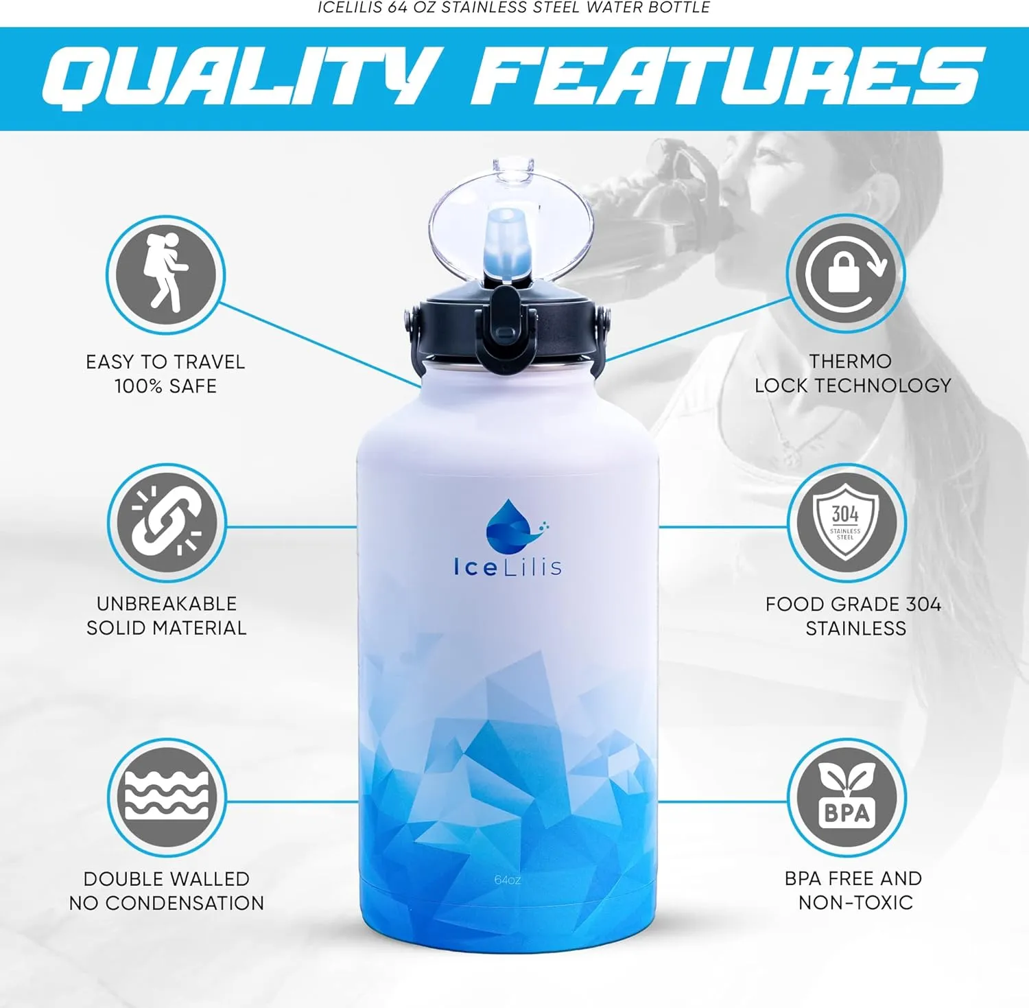 64 Oz Stainless Steel Water Bottle - Multi-Lid Design - Ideal Gift for Sports, Travel, Workouts - Double-Wall Insulated, Leakproof, BPA-Free - With Carry Bag & Paracord Handle (Arctic Azure)