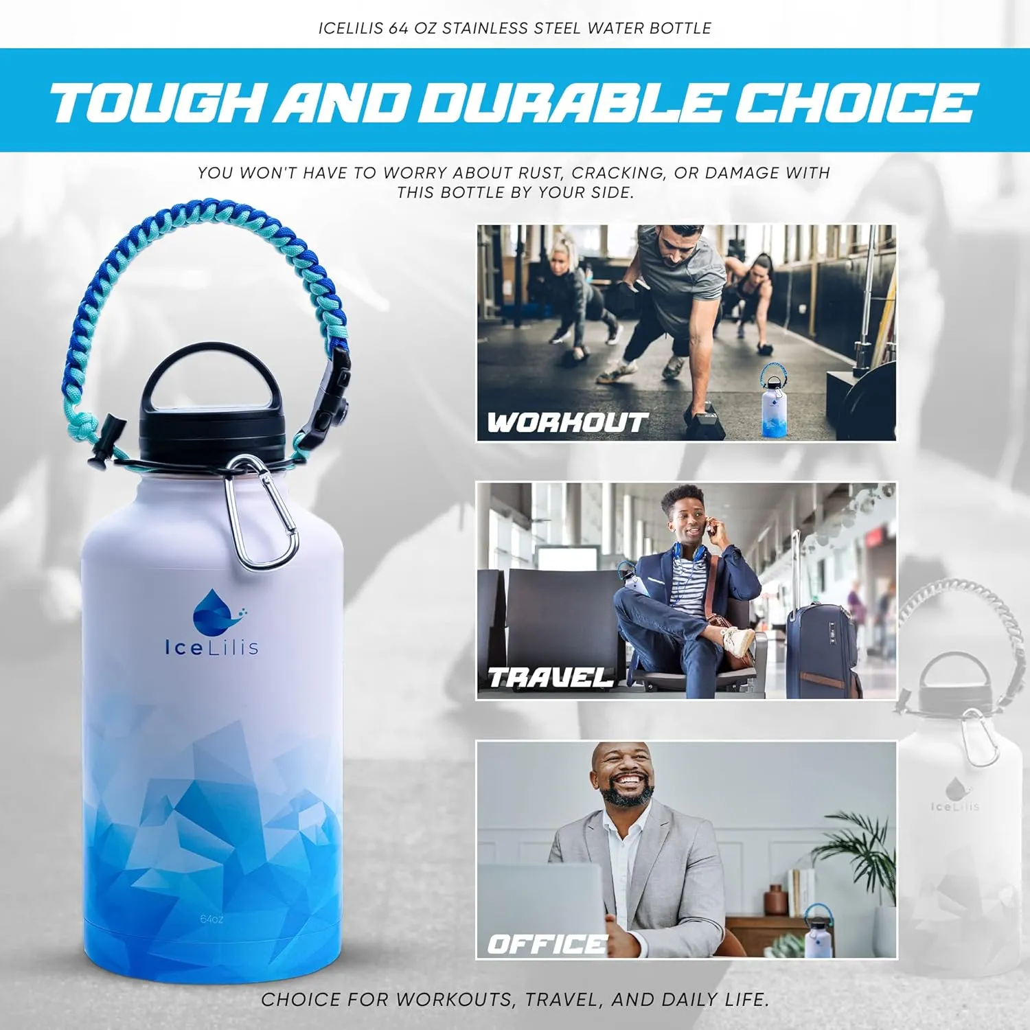64 Oz Stainless Steel Water Bottle - Multi-Lid Design - Ideal Gift for Sports, Travel, Workouts - Double-Wall Insulated, Leakproof, BPA-Free - With Carry Bag & Paracord Handle (Arctic Azure)