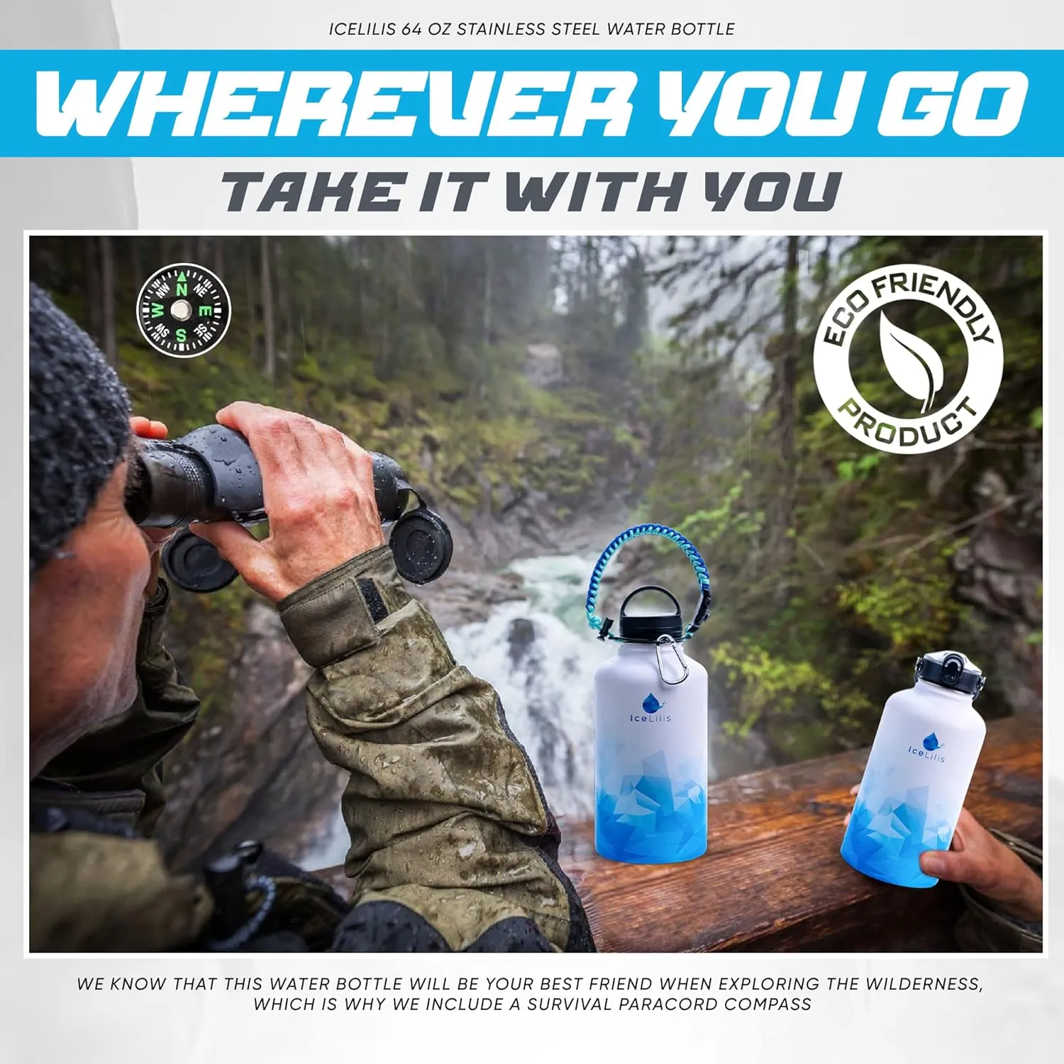 64 Oz Stainless Steel Water Bottle - Multi-Lid Design - Ideal Gift for Sports, Travel, Workouts - Double-Wall Insulated, Leakproof, BPA-Free - With Carry Bag & Paracord Handle (Arctic Azure)