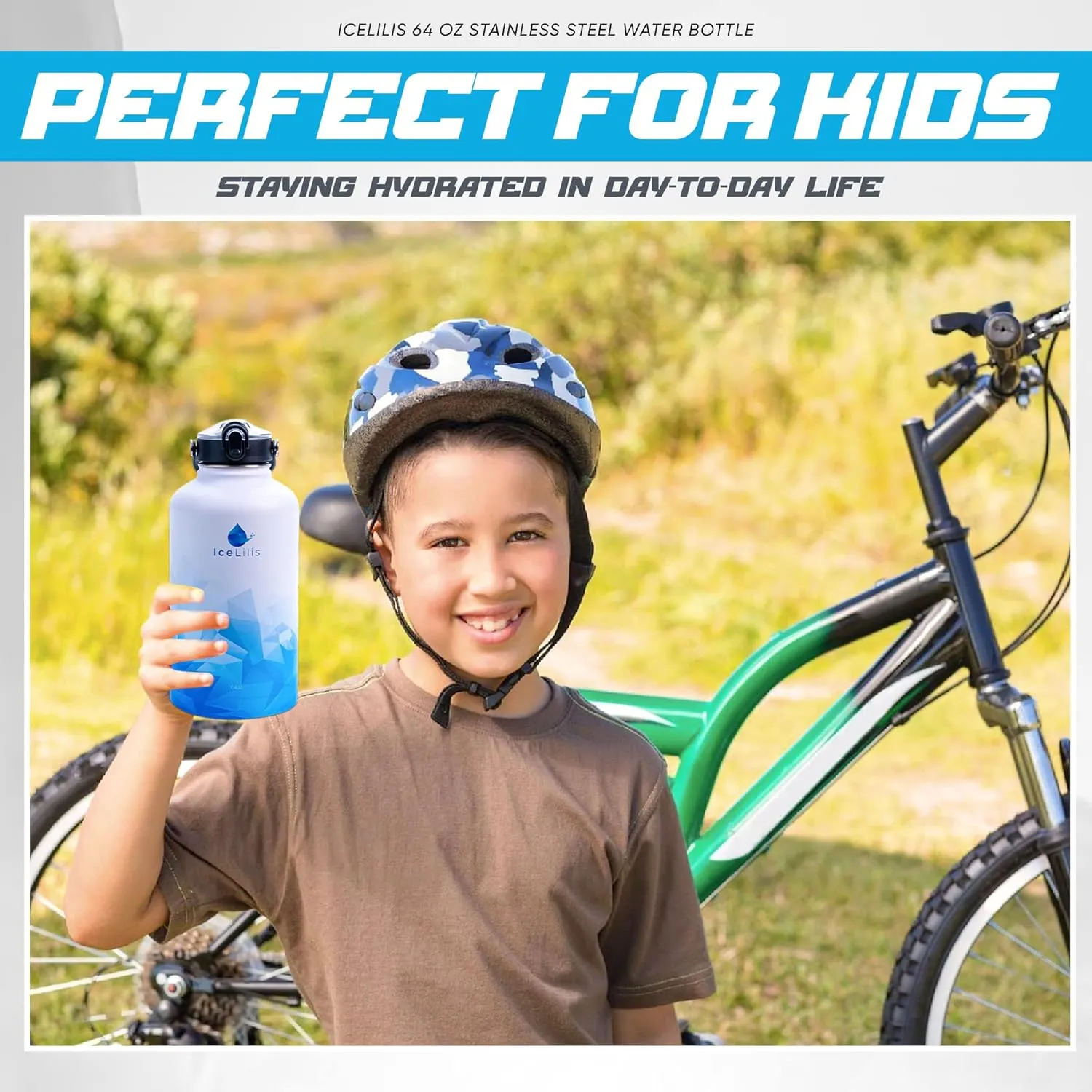 64 Oz Stainless Steel Water Bottle - Multi-Lid Design - Ideal Gift for Sports, Travel, Workouts - Double-Wall Insulated, Leakproof, BPA-Free - With Carry Bag & Paracord Handle (Arctic Azure)