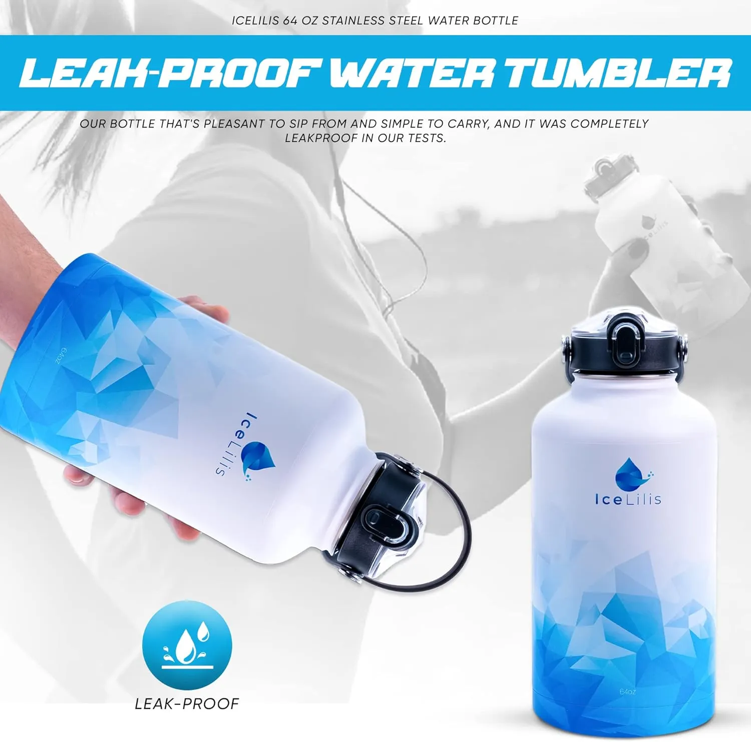 64 Oz Stainless Steel Water Bottle - Multi-Lid Design - Ideal Gift for Sports, Travel, Workouts - Double-Wall Insulated, Leakproof, BPA-Free - With Carry Bag & Paracord Handle (Arctic Azure)
