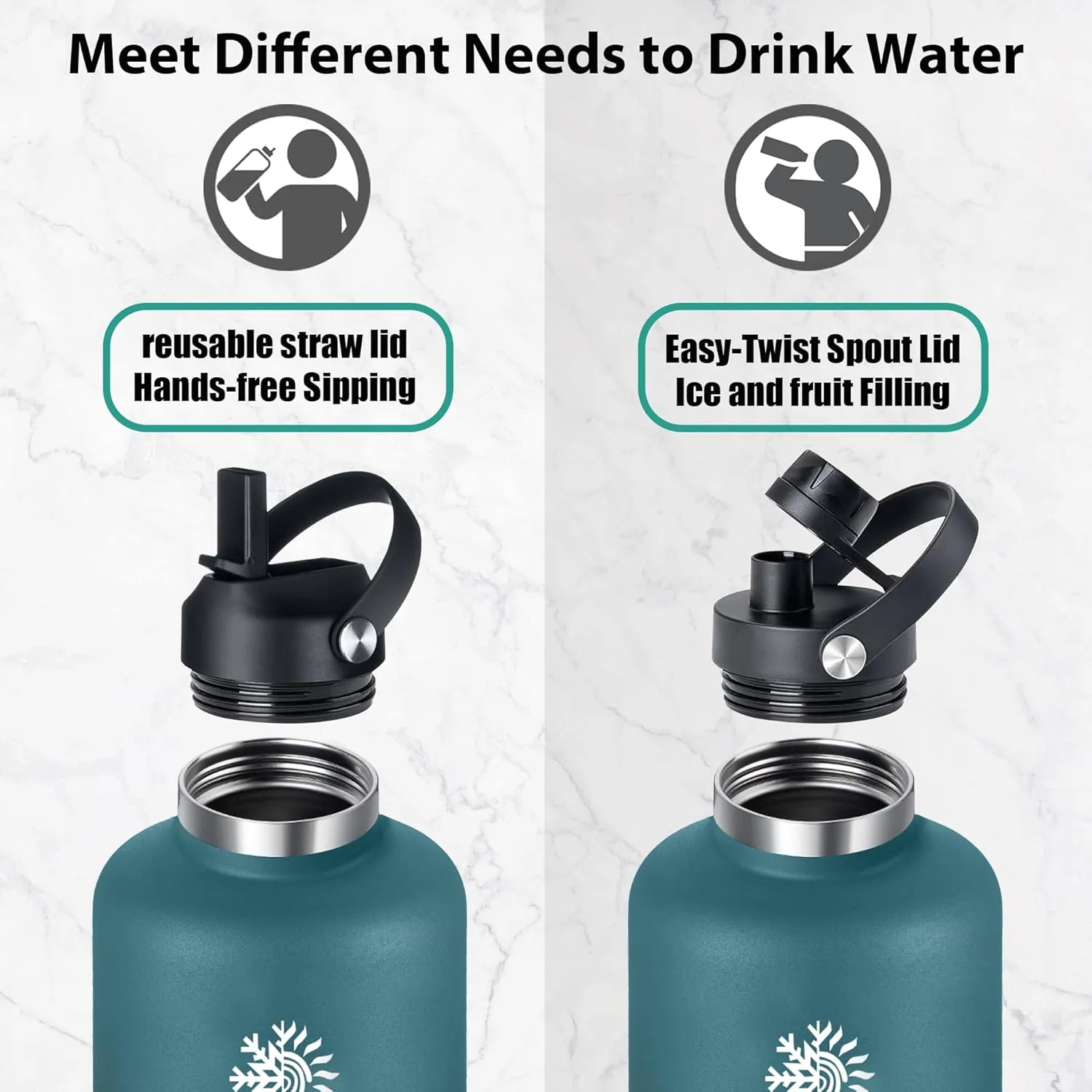 64 oz Water Bottle with 2 Lids, Half Gallon Double Wall Vacuum Insulated Stainless Steel Water Jug, Includes Carrying Pouch, Wide Mouth Metal Canteen for Gym, Sports, and Camping, Blue - Black.