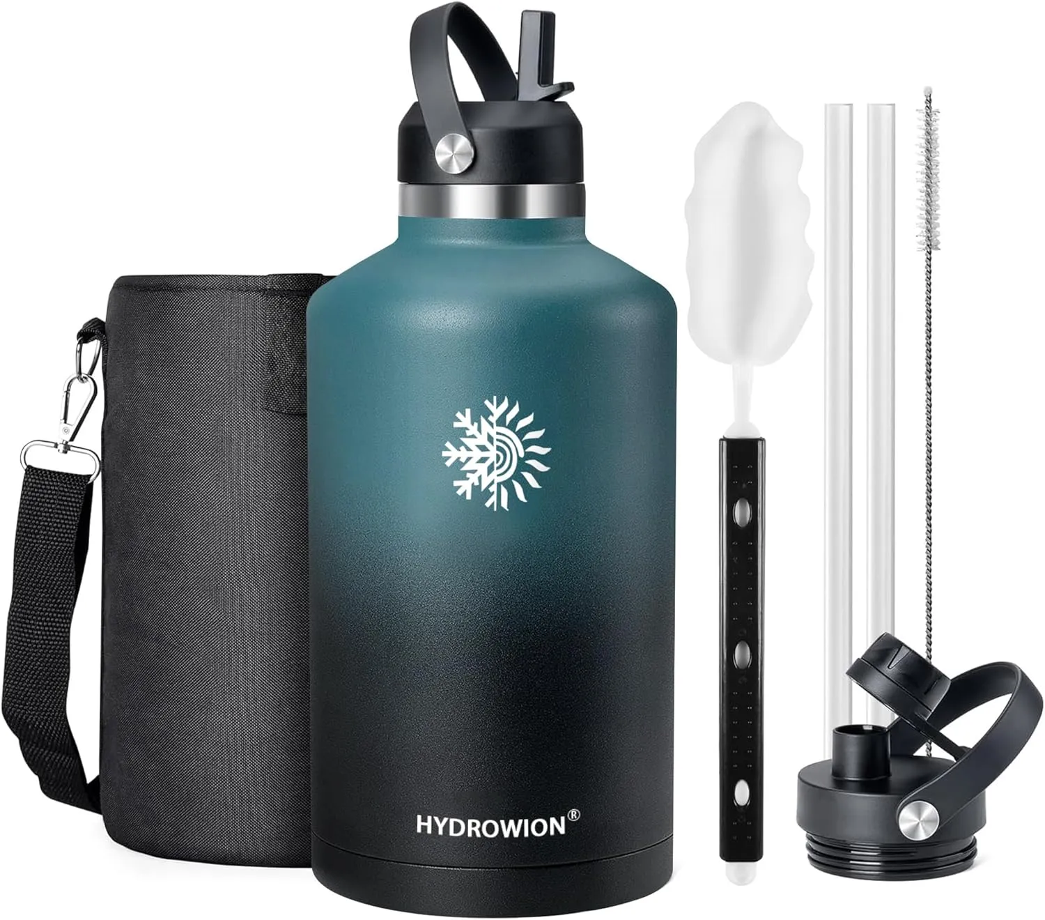 64 oz Water Bottle with 2 Lids, Half Gallon Double Wall Vacuum Insulated Stainless Steel Water Jug, Includes Carrying Pouch, Wide Mouth Metal Canteen for Gym, Sports, and Camping, Blue - Black.