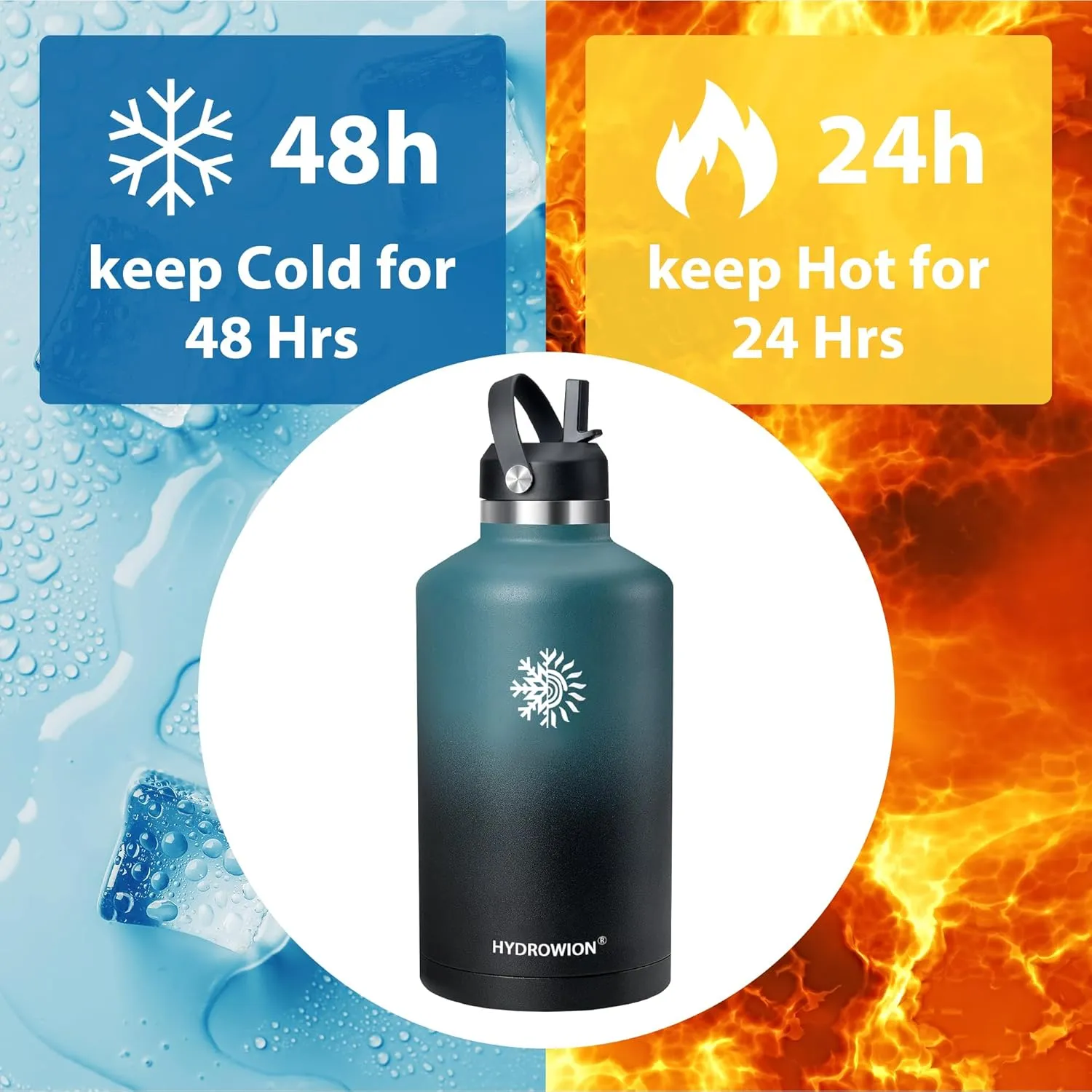 64 oz Water Bottle with 2 Lids, Half Gallon Double Wall Vacuum Insulated Stainless Steel Water Jug, Includes Carrying Pouch, Wide Mouth Metal Canteen for Gym, Sports, and Camping, Blue - Black.