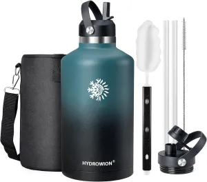 64 oz Water Bottle with 2 Lids, Half Gallon Double Wall Vacuum Insulated Stainless Steel Water Jug, Includes Carrying Pouch, Wide Mouth Metal Canteen for Gym, Sports, and Camping, Blue - Black.