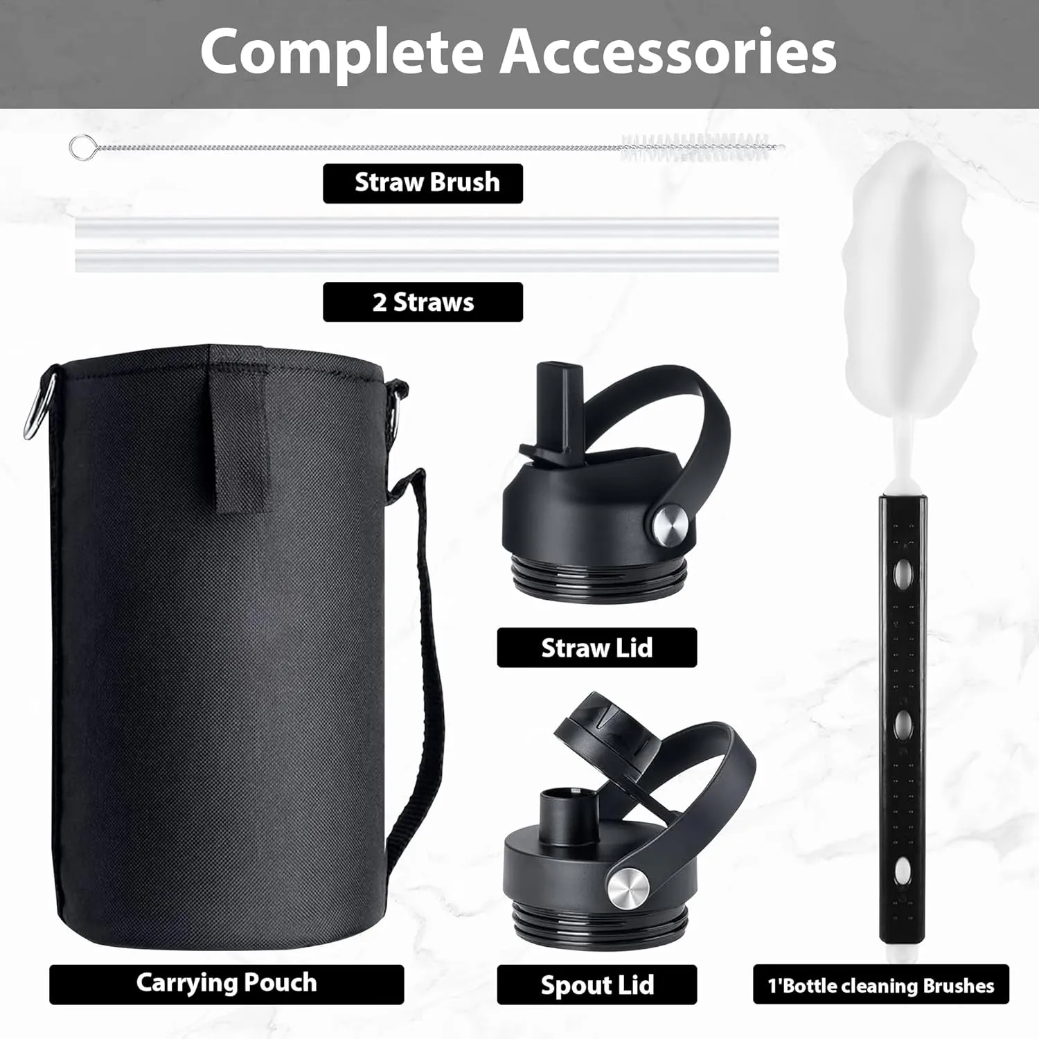 64 oz Water Bottle with 2 Lids, Half Gallon Double Wall Vacuum Insulated Stainless Steel Water Jug, Includes Carrying Pouch, Wide Mouth Metal Canteen for Gym, Sports, and Camping, Blue - Black.