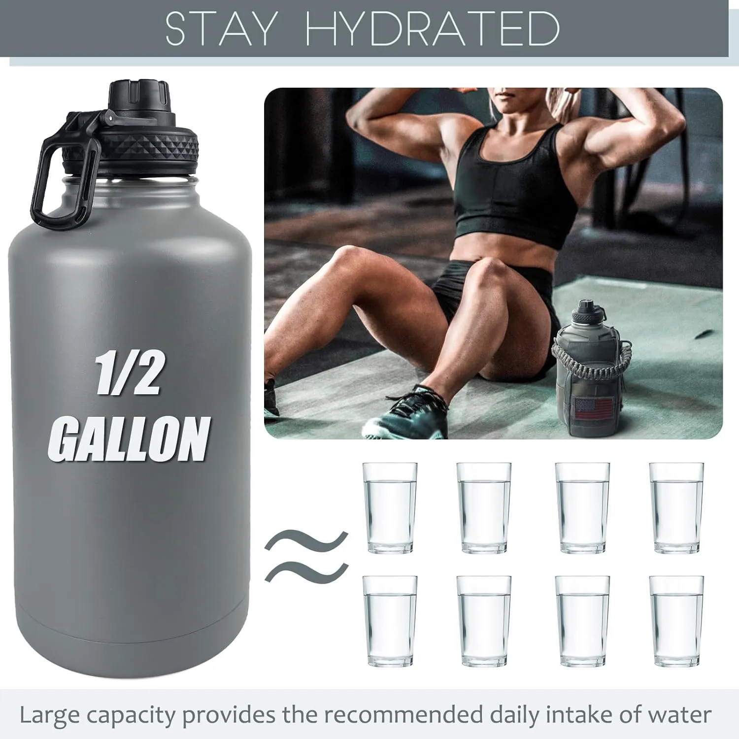 64 Oz Water Bottle with Sleeve - Half Gallon Insulated Water Jug with Handle - Stainless Steel Sports Bottle for Gym Workout Hiking Glacier Grey