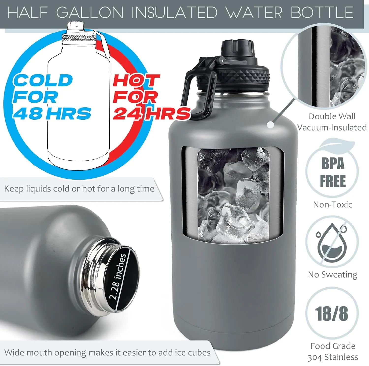 64 Oz Water Bottle with Sleeve - Half Gallon Insulated Water Jug with Handle - Stainless Steel Sports Bottle for Gym Workout Hiking Glacier Grey