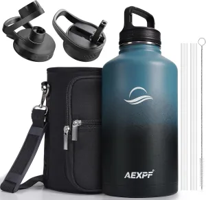 64 oz Water Bottle with Straw, Half Gallon Water Bottle Insulated with Sleeve, Metal Leak Proof Large Water Jugs for Drinking, Wide Mouth Water Flask for Gym Camping, Indigo Black Gradient
