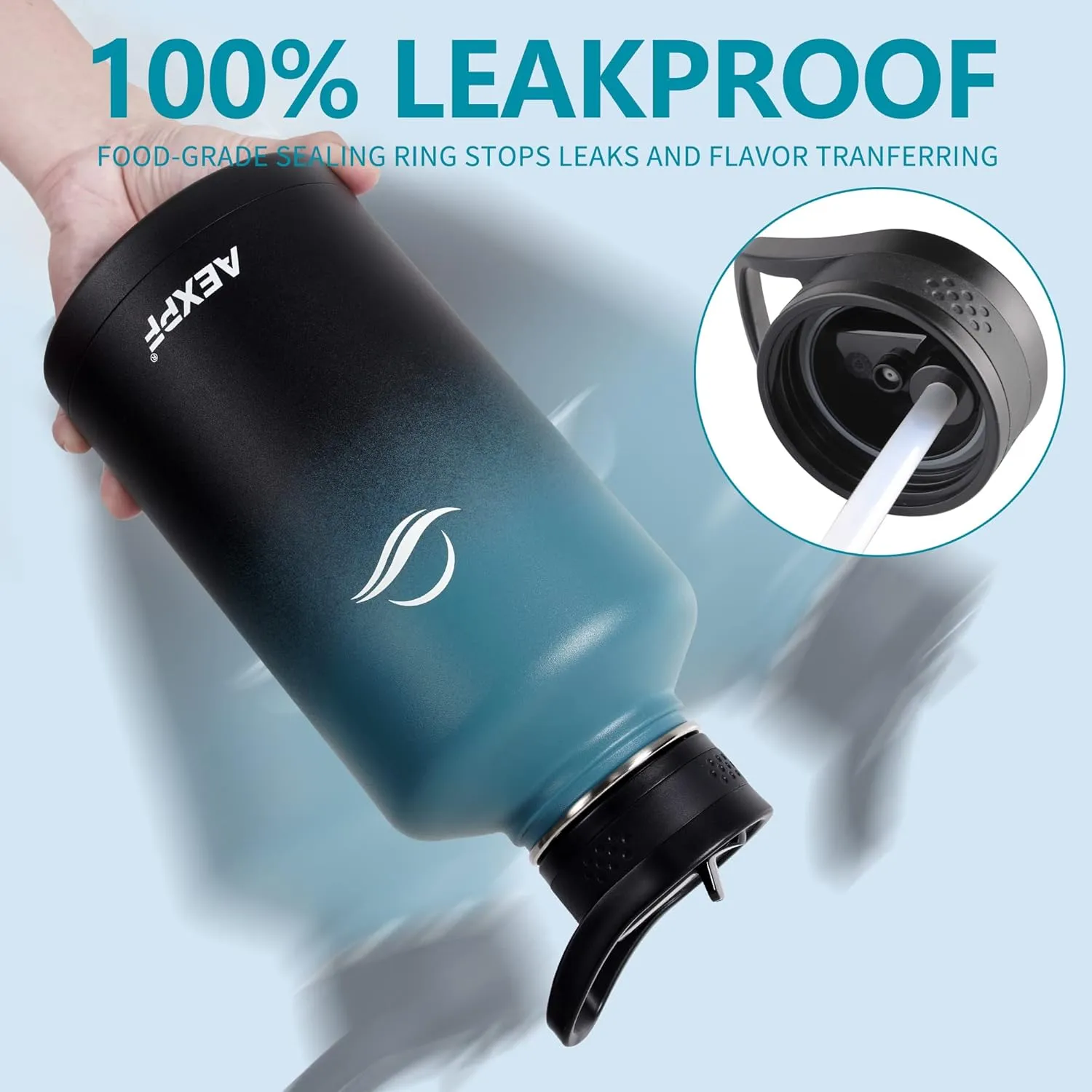 64 oz Water Bottle with Straw, Half Gallon Water Bottle Insulated with Sleeve, Metal Leak Proof Large Water Jugs for Drinking, Wide Mouth Water Flask for Gym Camping, Indigo Black Gradient