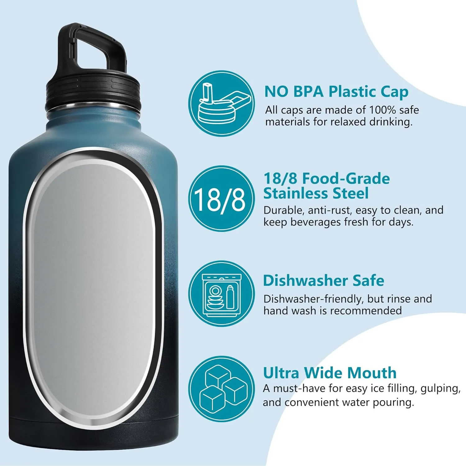 64 oz Water Bottle with Straw, Half Gallon Water Bottle Insulated with Sleeve, Metal Leak Proof Large Water Jugs for Drinking, Wide Mouth Water Flask for Gym Camping, Indigo Black Gradient