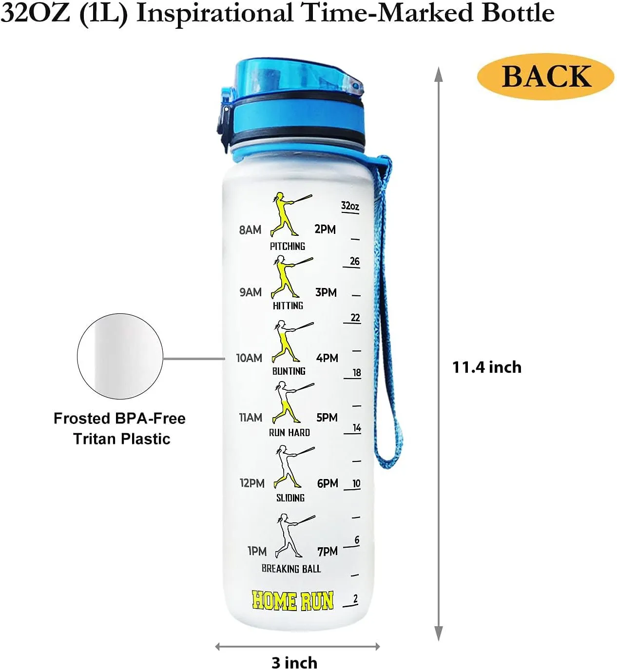 64HYDRO 32oz 1liter Softball Funny 'Play Like A Girl' Water Bottles with Time Marker, Motivational Water Tracker Bottle with Times to Drink for Home, Work, Gym, Fitness, Sports