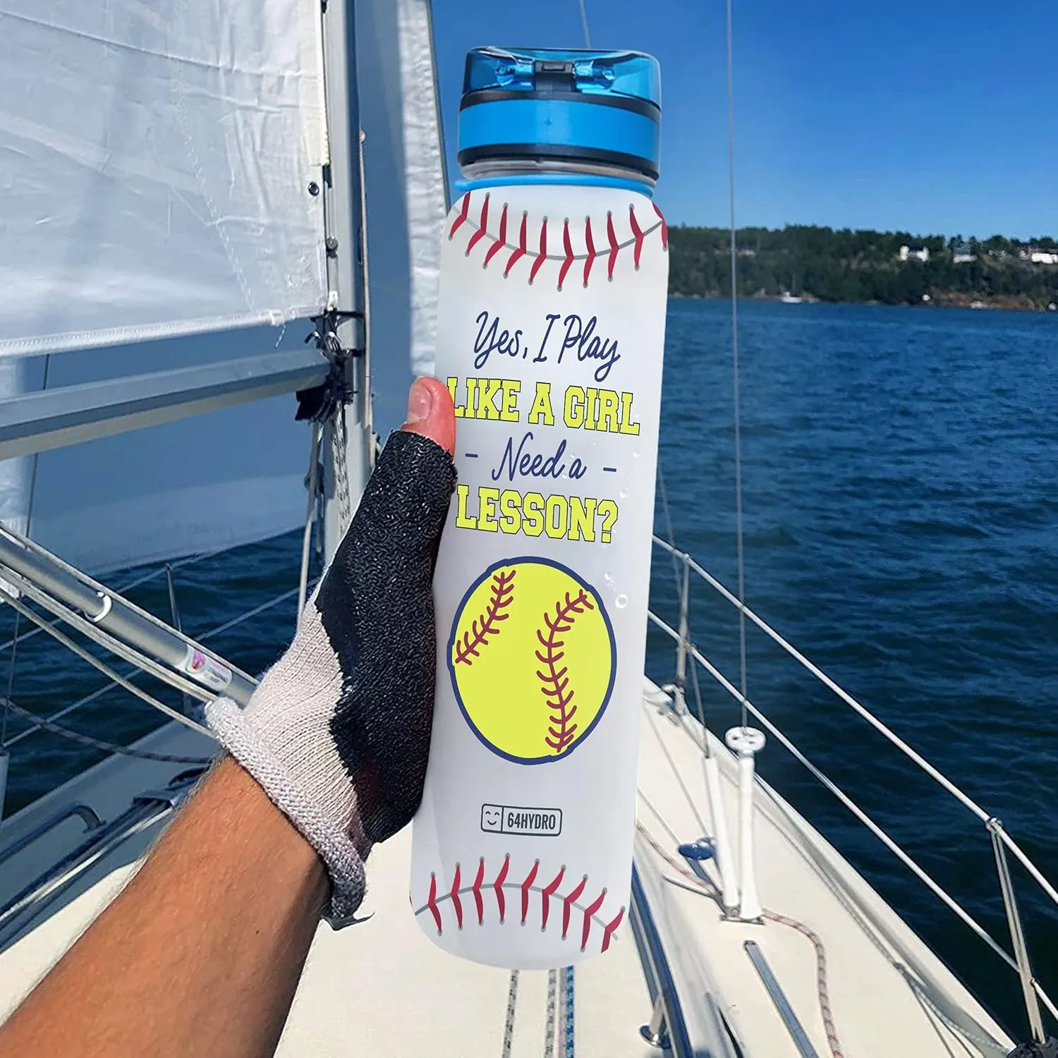 64HYDRO 32oz 1liter Softball Funny 'Play Like A Girl' Water Bottles with Time Marker, Motivational Water Tracker Bottle with Times to Drink for Home, Work, Gym, Fitness, Sports