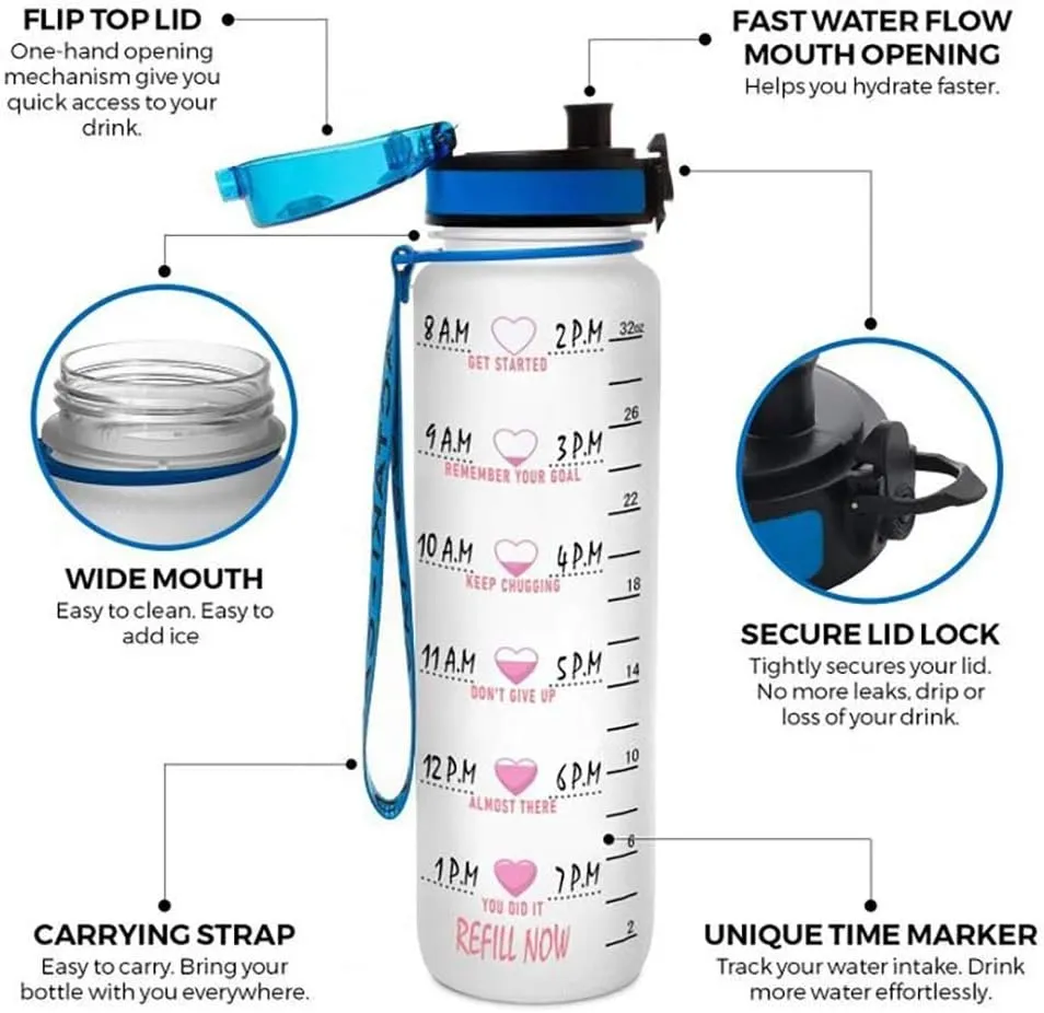 64HYDRO 32oz 1liter Softball Funny 'Play Like A Girl' Water Bottles with Time Marker, Motivational Water Tracker Bottle with Times to Drink for Home, Work, Gym, Fitness, Sports