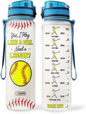 64HYDRO 32oz 1liter Softball Funny 'Play Like A Girl' Water Bottles with Time Marker, Motivational Water Tracker Bottle with Times to Drink for Home, Work, Gym, Fitness, Sports